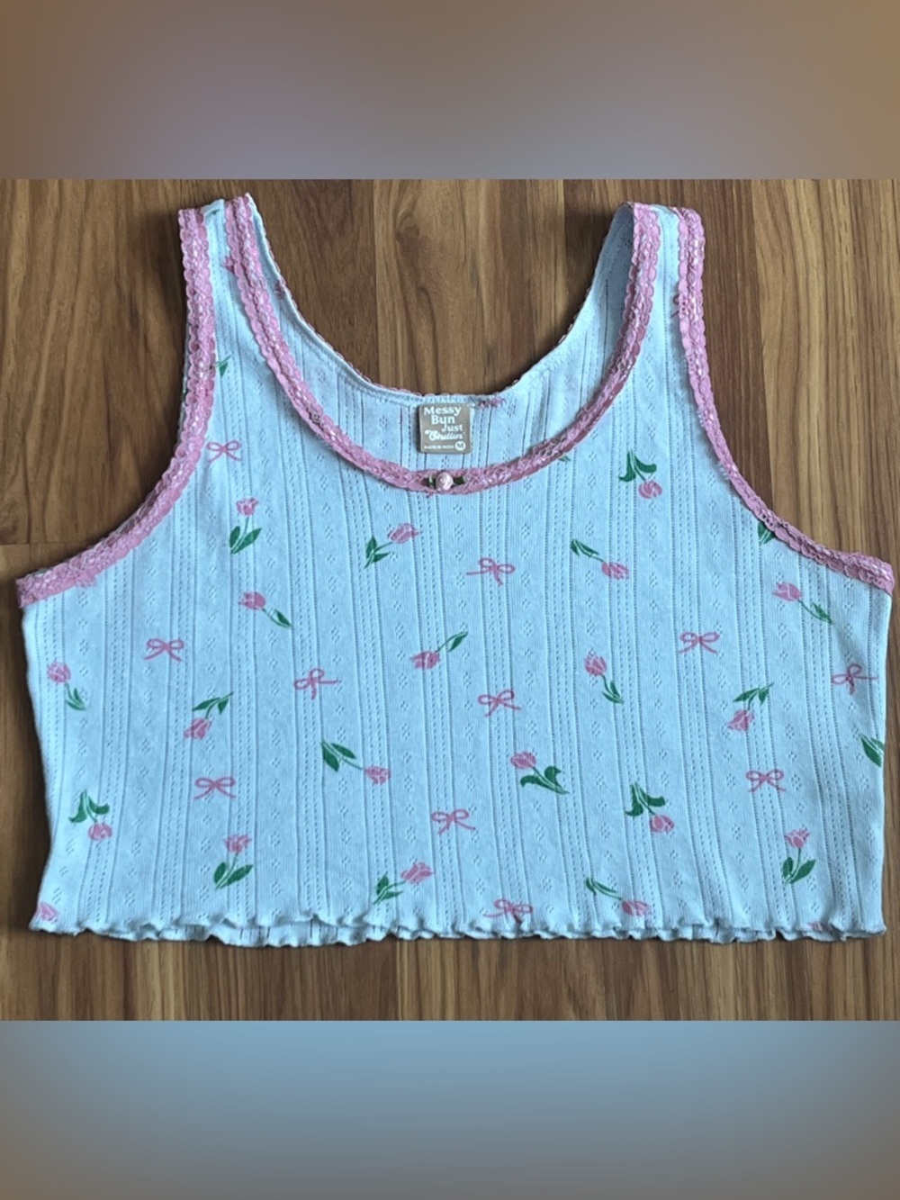 Messy Bun Just Chillin' Coquette Floral Pointelle Lace Trim Cami Tank Size M